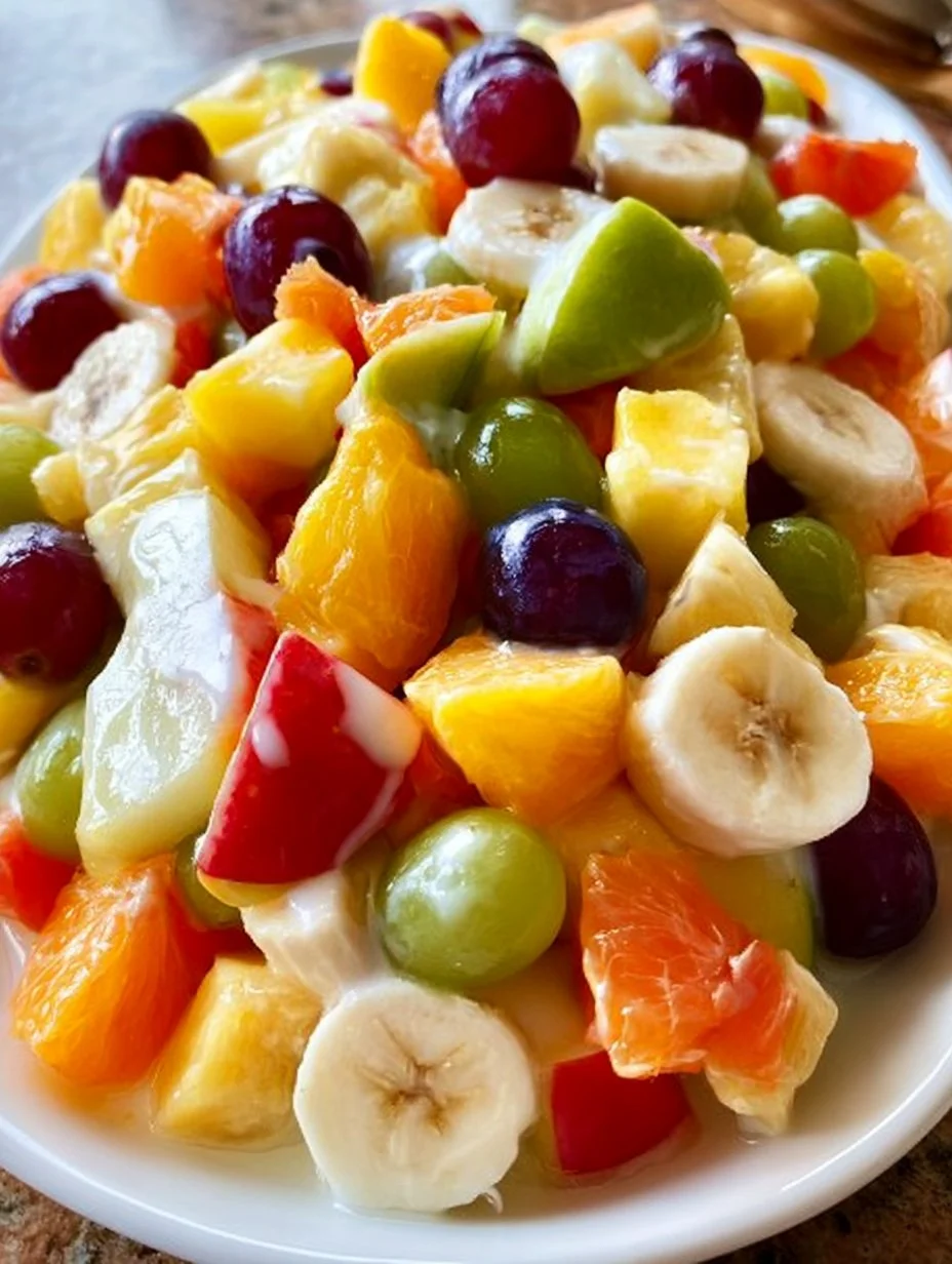 Obstsalat mit klassischem Dressing auf einem Tisch serviert