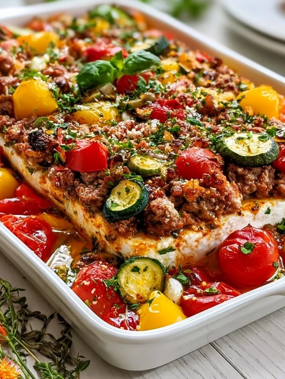 Ofen Feta mit Gemüse und Hack