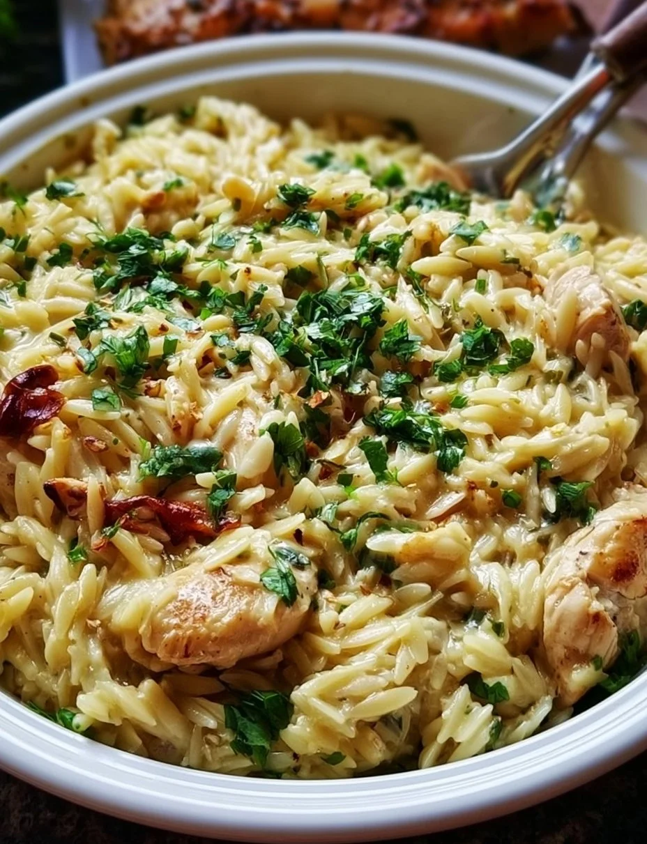 One Pot Orzo-Pasta mit Hähnchen in einem Topf zubereitet
