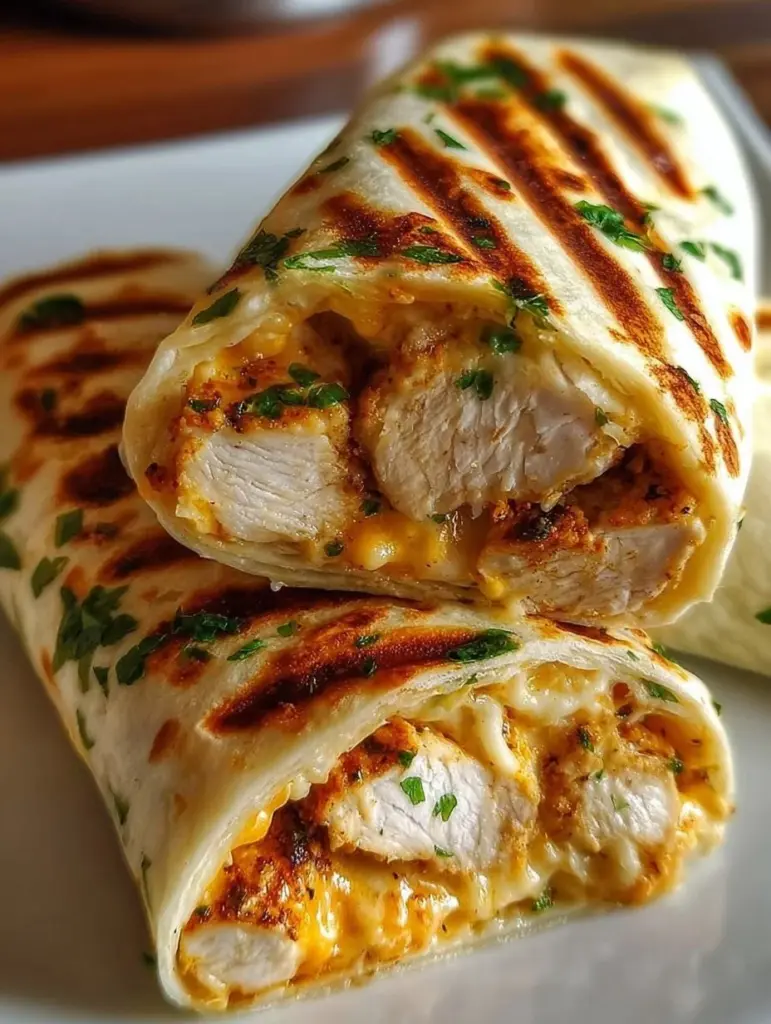 Schnelle Käse Knoblauch-Hähnchen-Wraps auf einem Teller serviert