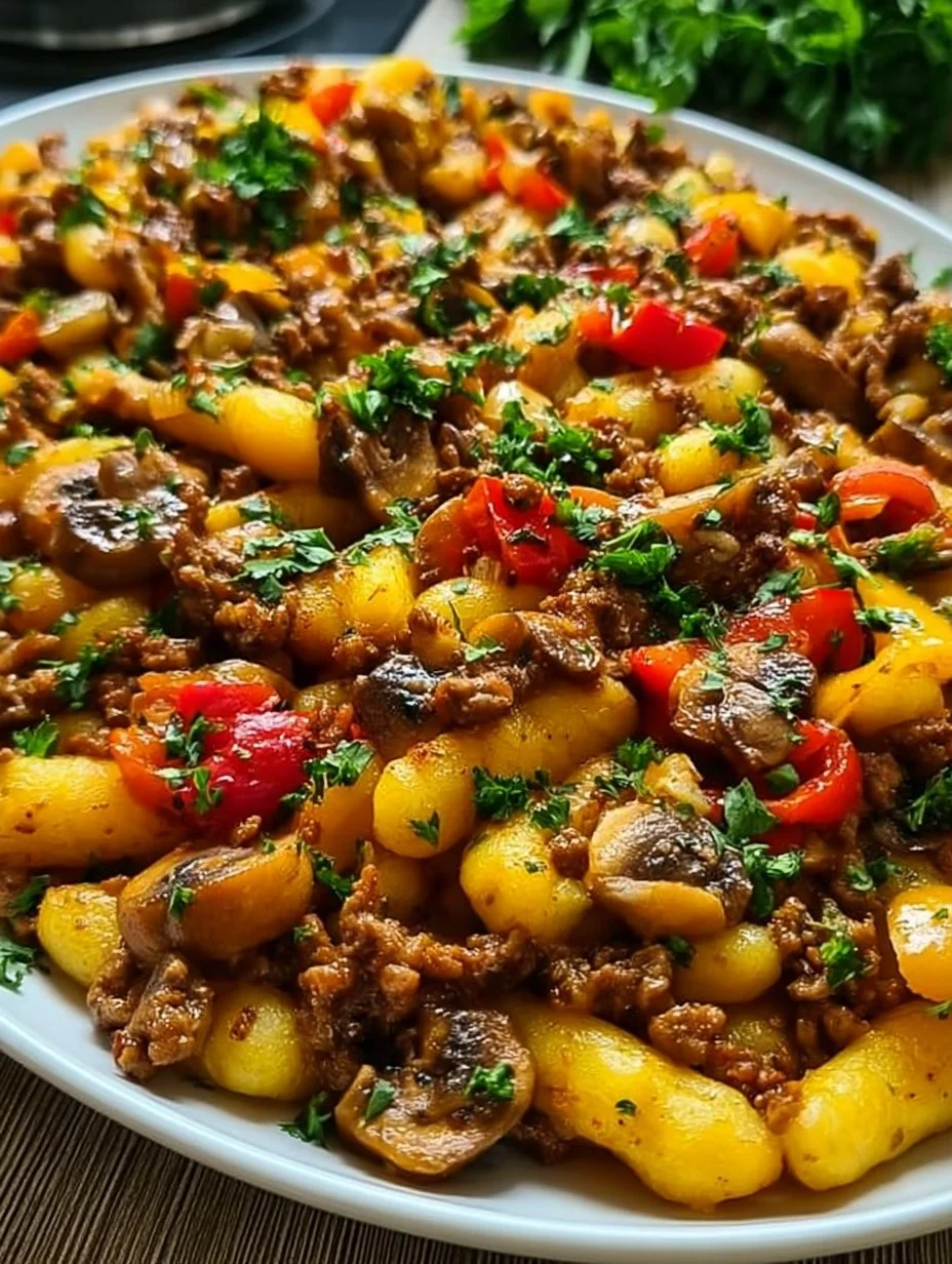 Schupfnudel Hackpfanne mit Champignons und Paprika auf einem Teller angerichtet