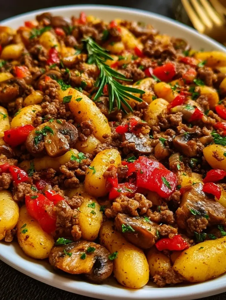 Schupfnudel Hackpfanne mit Champignons und Paprika auf einem Teller