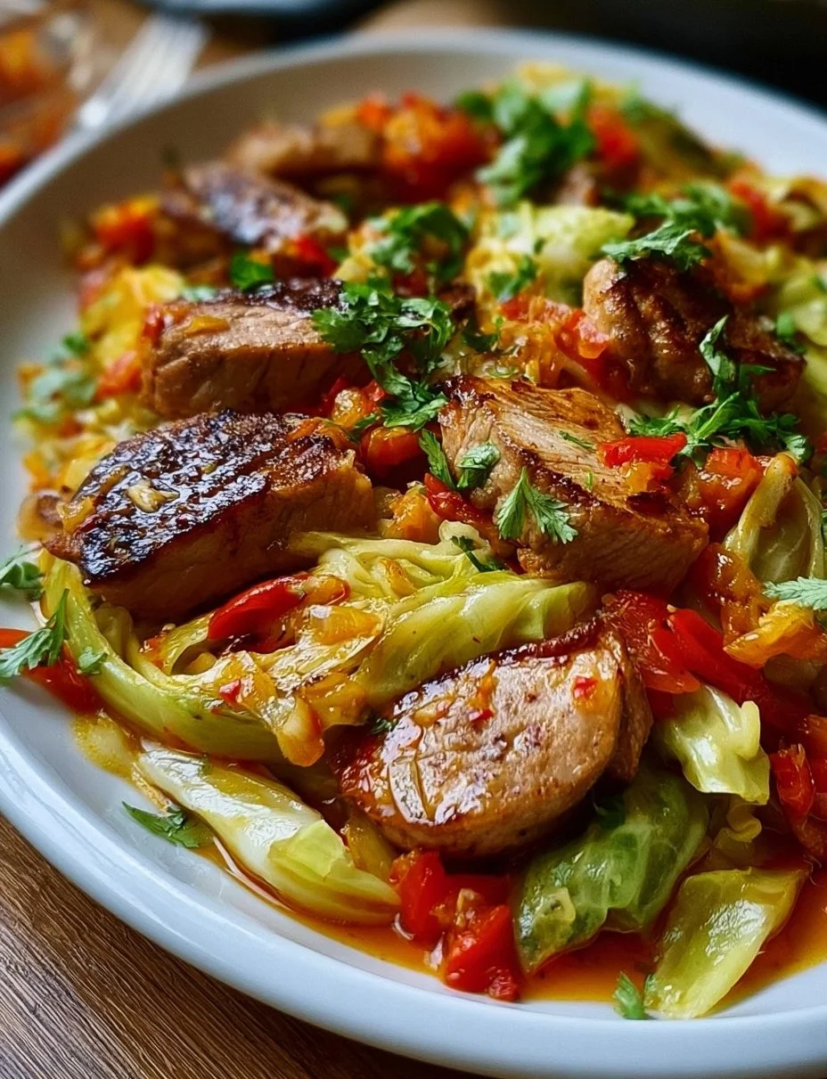 Spitzkohl Sweet Chili mit saftigem Schweinefilet auf einem Teller angerichtet