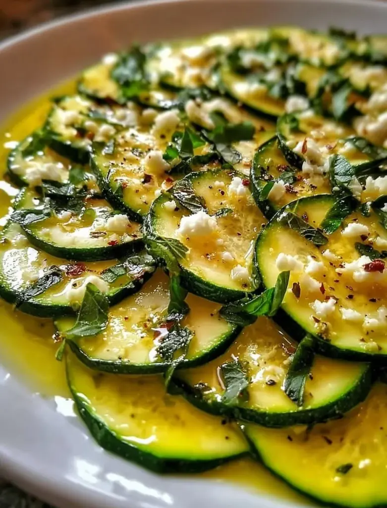 Zucchini-Carpaccio auf einem Teller angerichtet mit Olivenöl und Kräutern