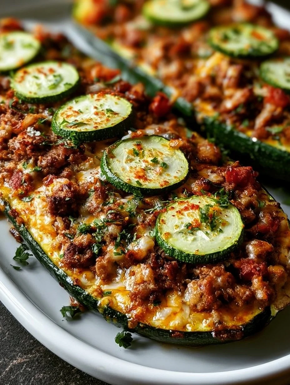 Zucchini-Schiffchen gefüllt mit Rinderhackfleisch auf einem Teller
