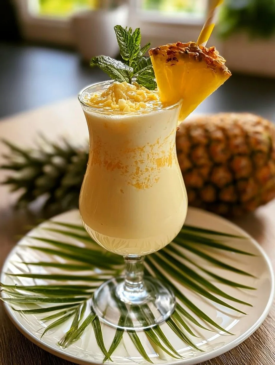 Ein köstlicher Amarula Colada Cocktail in einem Glas mit Ananas und Kokosnuss.