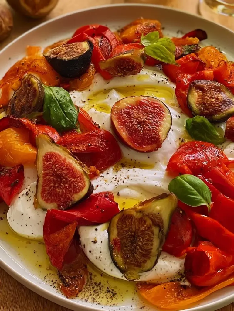 Burrata mit gerösteten Paprika und frischen Feigen auf einem Teller