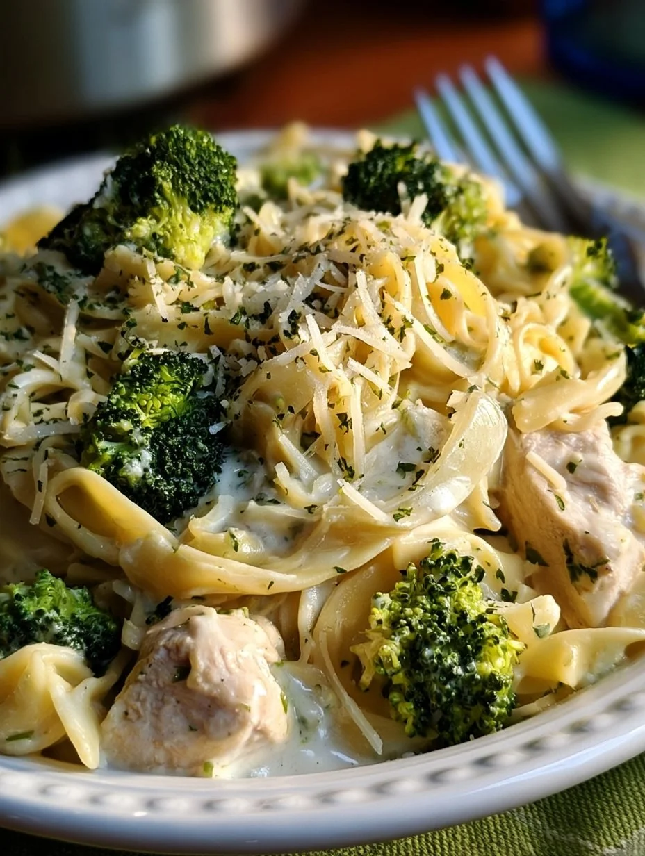 Cremige Hähnchen-Brokkoli-Pasta auf einem Teller serviert