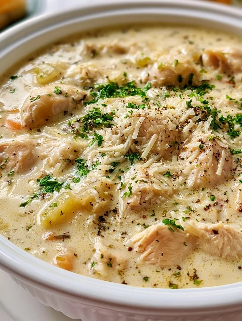 Cremige Knoblauch-Parmesan- Hähnchen-Suppe – so lecker!