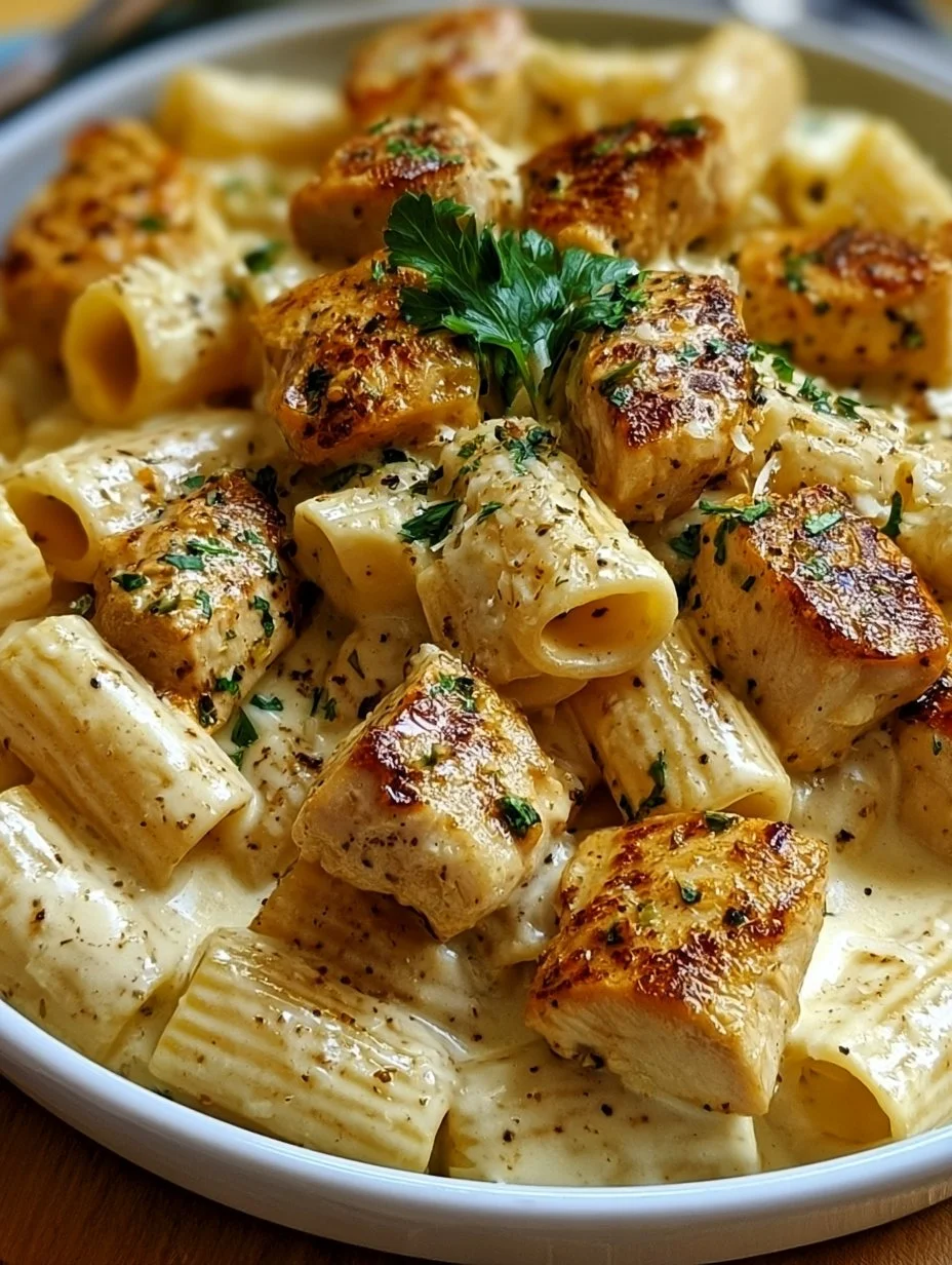 Cremiges Knoblauchbutter-Huhn mit Rigatoni in Parmesan-Soße auf einem Teller