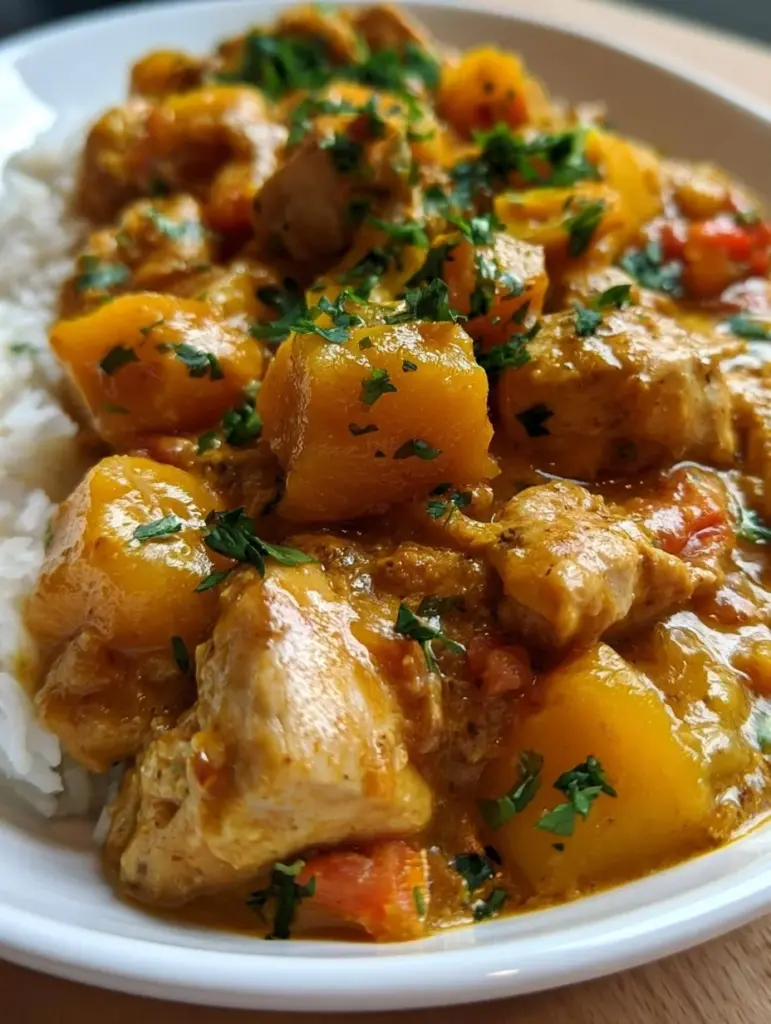 Mango Chicken Curry mit frischen Zutaten und exotischen Gewürzen auf einem Teller