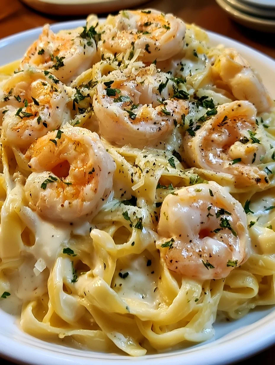 Fettuccine Alfredo mit Garnelen auf einem Teller serviert.