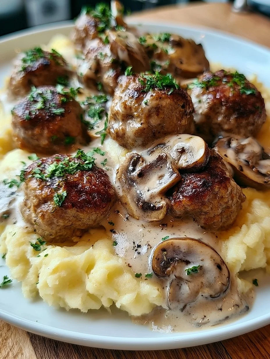 Fleischbällchen mit Kartoffelpüree und Champignonrahmsauce auf einem Teller serviert.