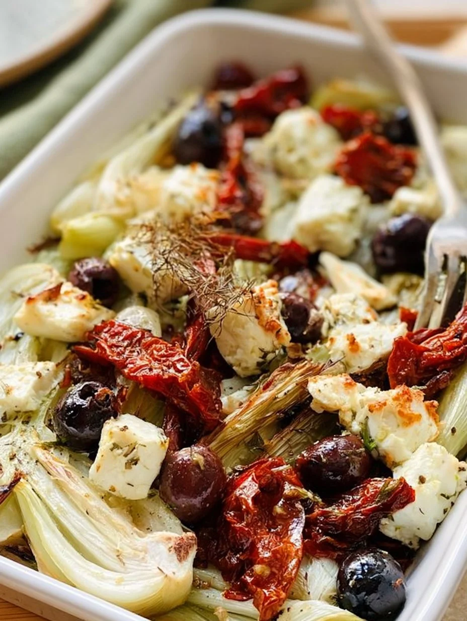 Gebackener Fenchel mit Oliven, Feta und sonnengetrockneten Tomaten im Ofen zubereitet.
