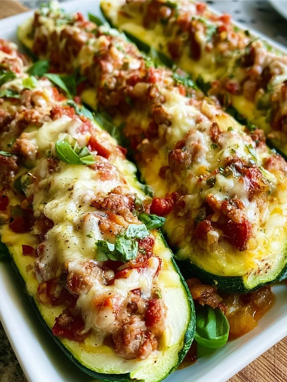 Gefüllte Zucchini mit Hackfleisch auf einem Teller serviert