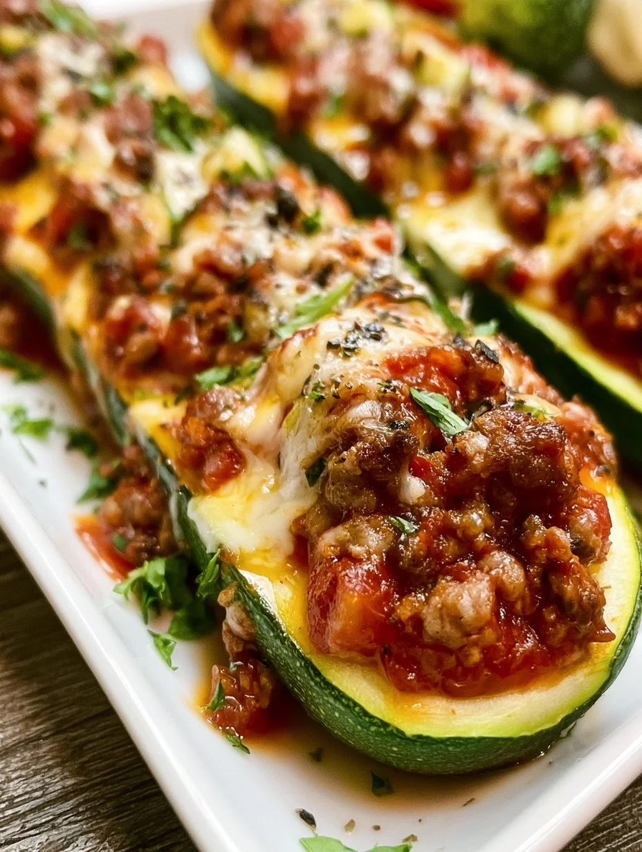 Gefüllte Zucchini mit Hackfleisch auf einem Teller serviert
