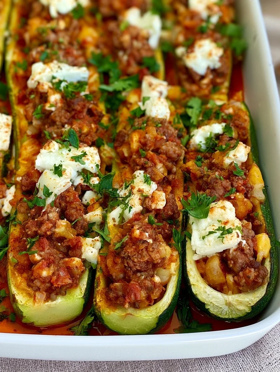 Gefüllte Zucchini mit Hackfleisch und Feta auf einem Teller serviert