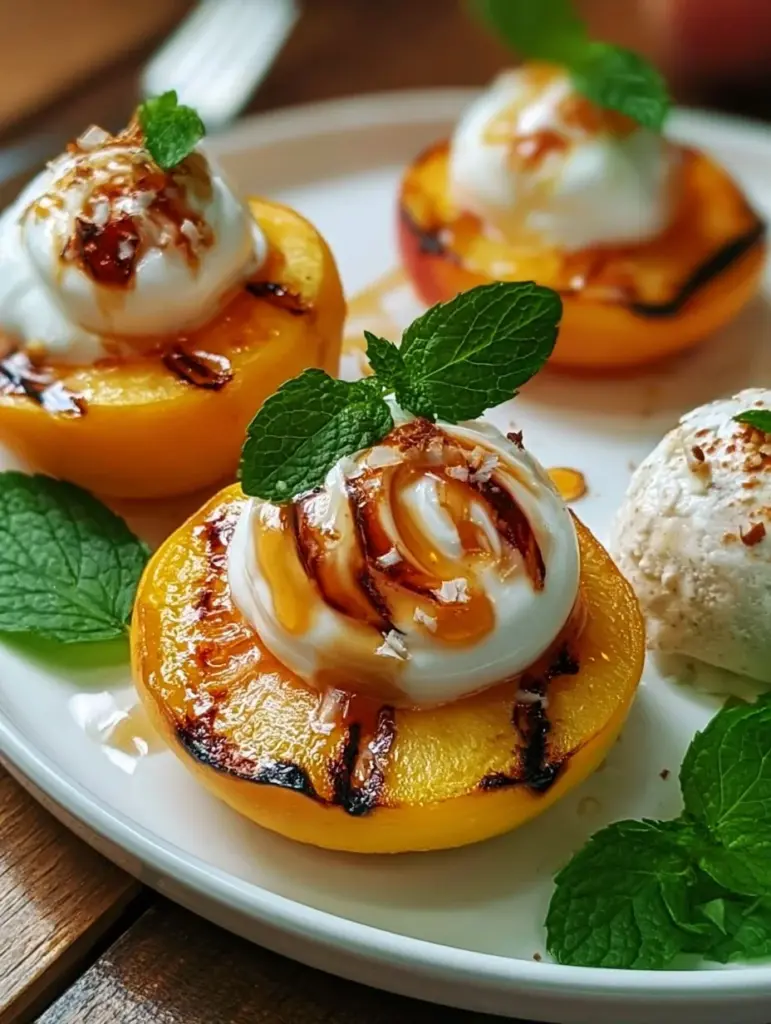 Gegrilltes Pfirsich-Dessert mit Vanilleeis und frischen Minzblättern