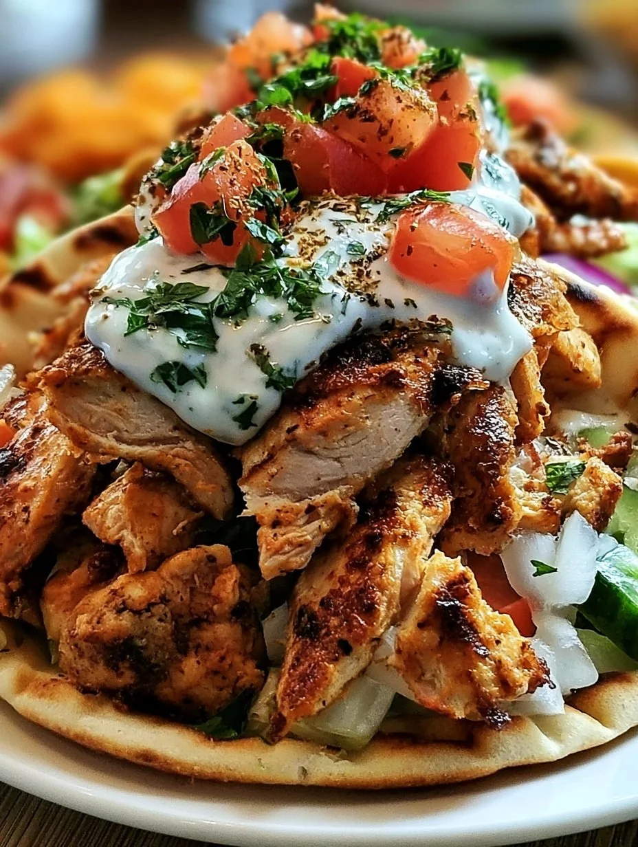 Geröstetes Hähnchen Shawarma Gyros mit frischen Zutaten und Gewürzen