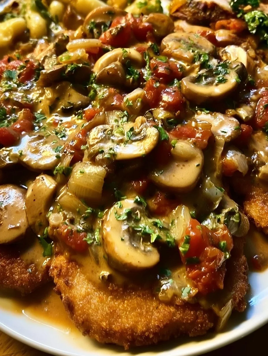 Schmorte Schnitzelpfanne in Jägersauce, serviert mit frischen Kräutern.