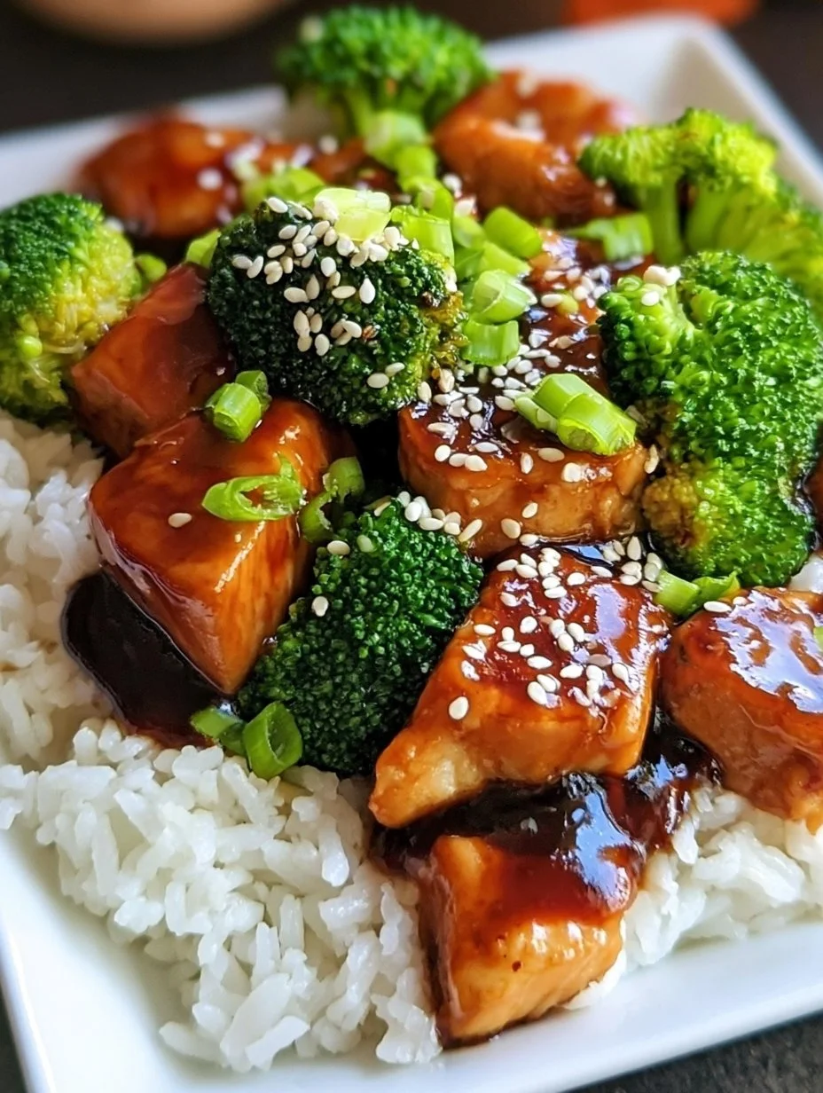 Hähnchen-Teriyaki mit Brokkoli und Reis auf einem Teller serviert.