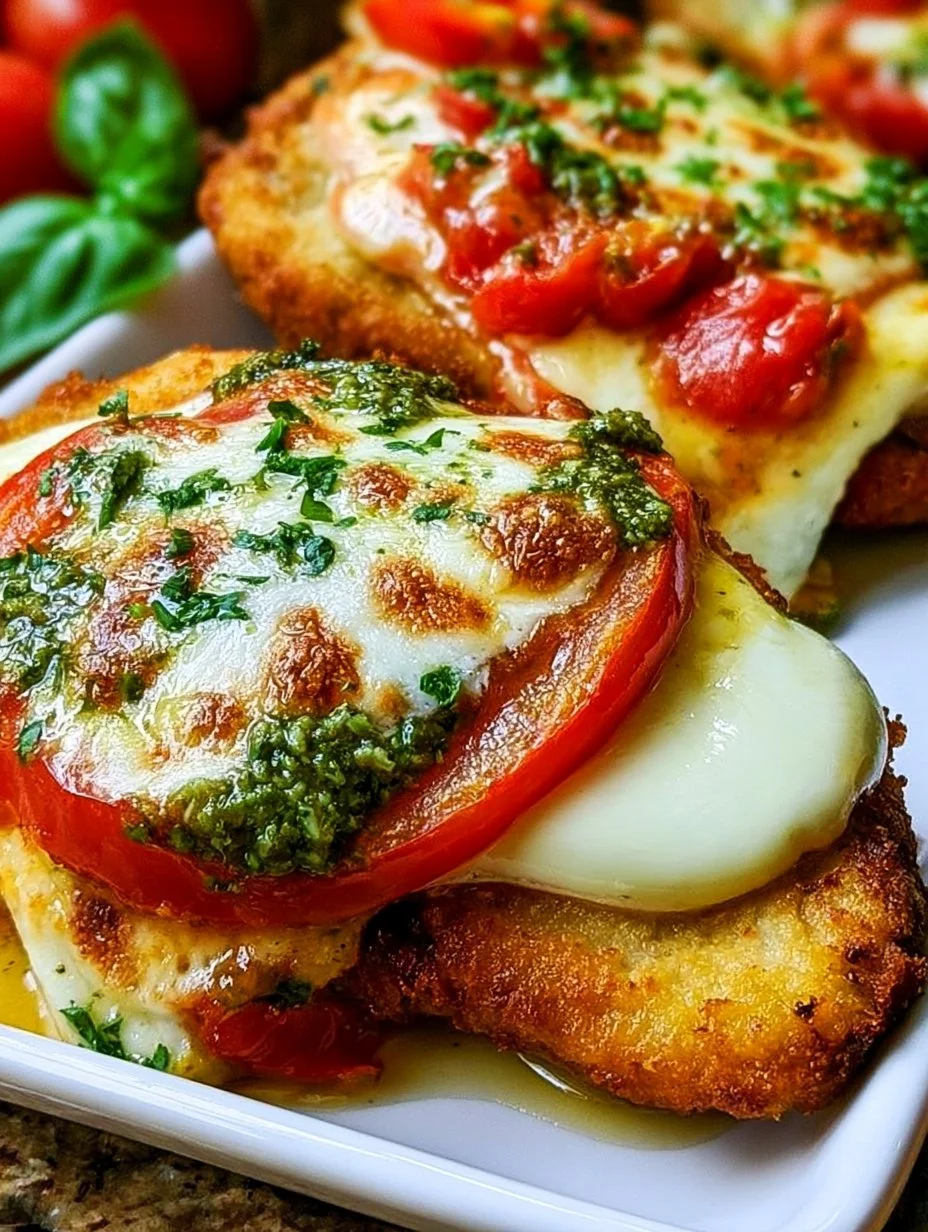 Hähnchenschnitzel mit Tomate und Mozzarella auf einem Teller