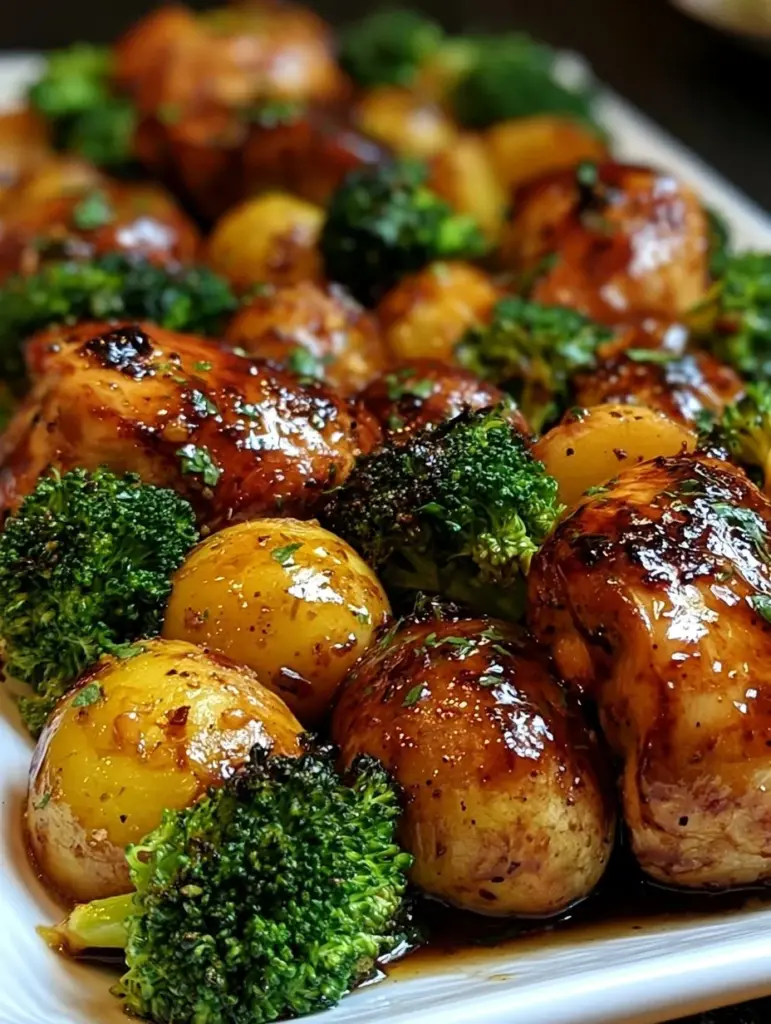 Gericht Honig Knoblauch Huhn mit Brokkoli und Kartoffeln serviert