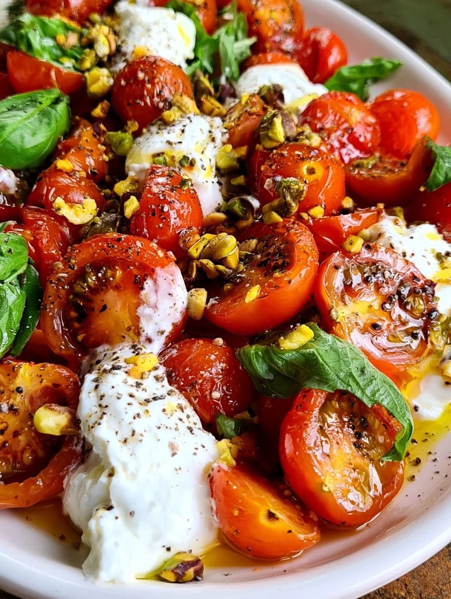 Gegrillte Honig-Ofentomaten mit Burrata und Pistazien auf einem Teller