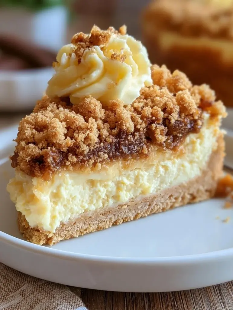 Käsekuchen mit Streusel auf einem Teller serviert
