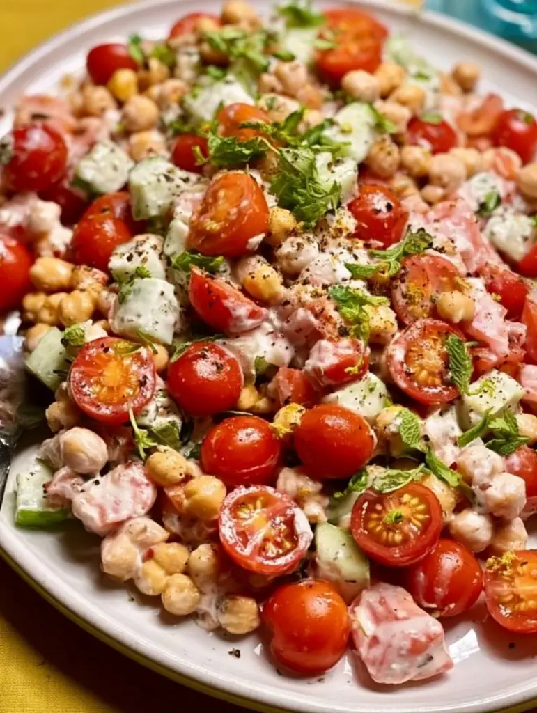 Kichererbsen-Tomaten-Salat mit Joghurt-Dressing in einer Schüssel