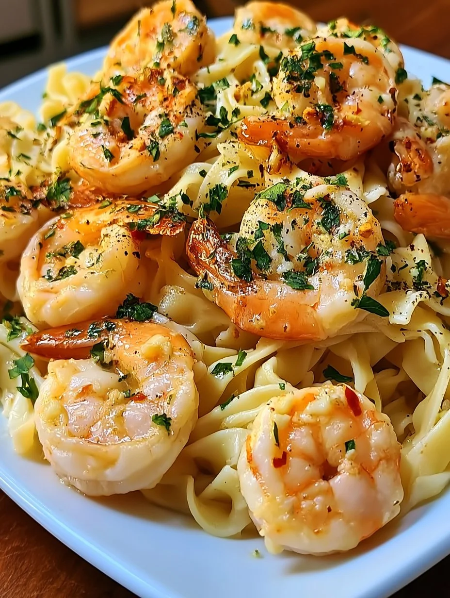 Knoblauch-Butter-Shrimp-Pasta serviert mit frischen Kräutern.
