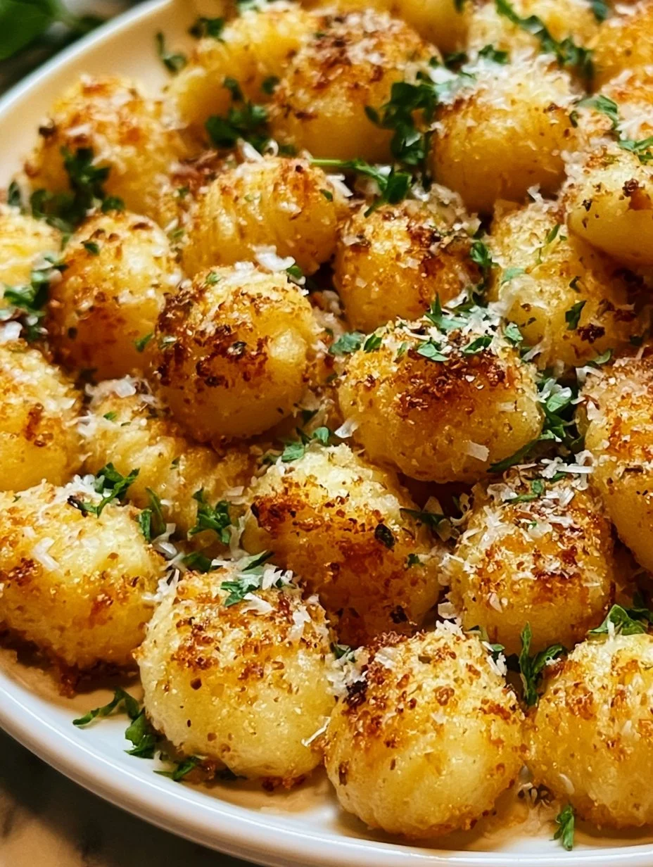 Knusprige Gnocchi aus der Heißluftfritteuse auf einem Teller serviert