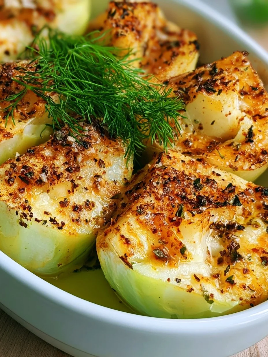 Kohlrabi aus dem Ofen mit Gewürzen und Kräutern auf einem Teller serviert