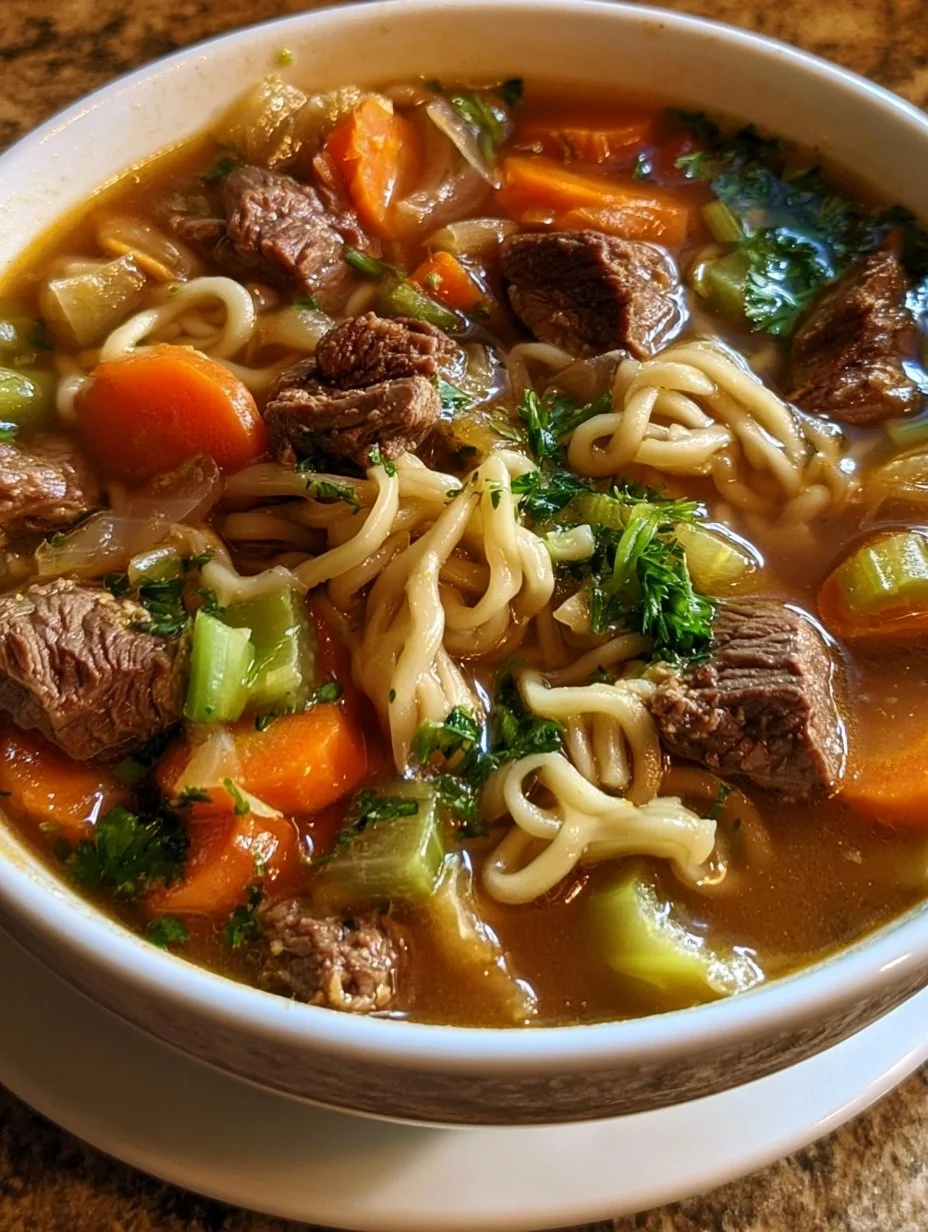 Kräftige Nudelsuppe mit Rindfleisch in einer Schüssel, serviert mit frischen Kräutern