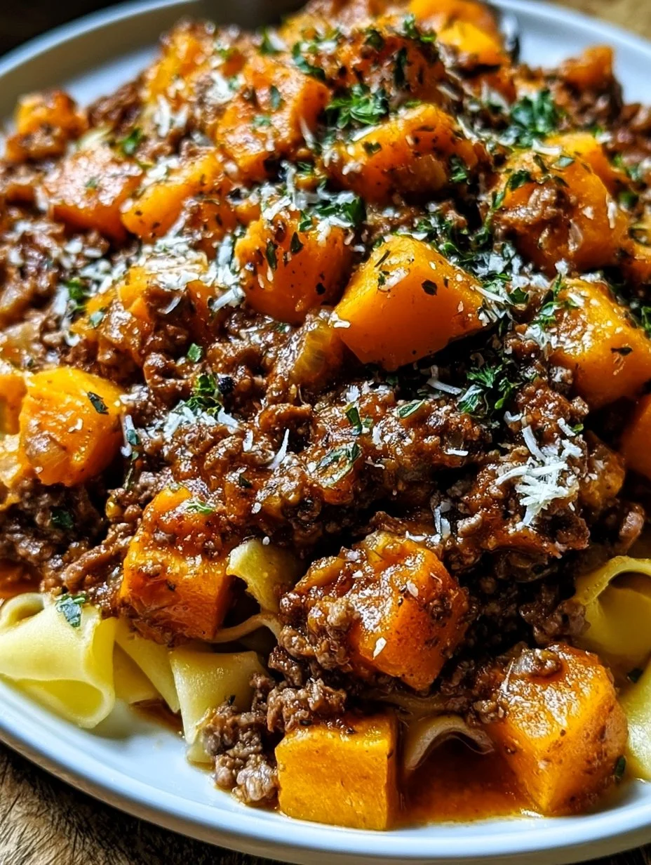Schüssel mit Kürbis-Rindfleisch-Bolognese, serviert mit frischem Basilikum.