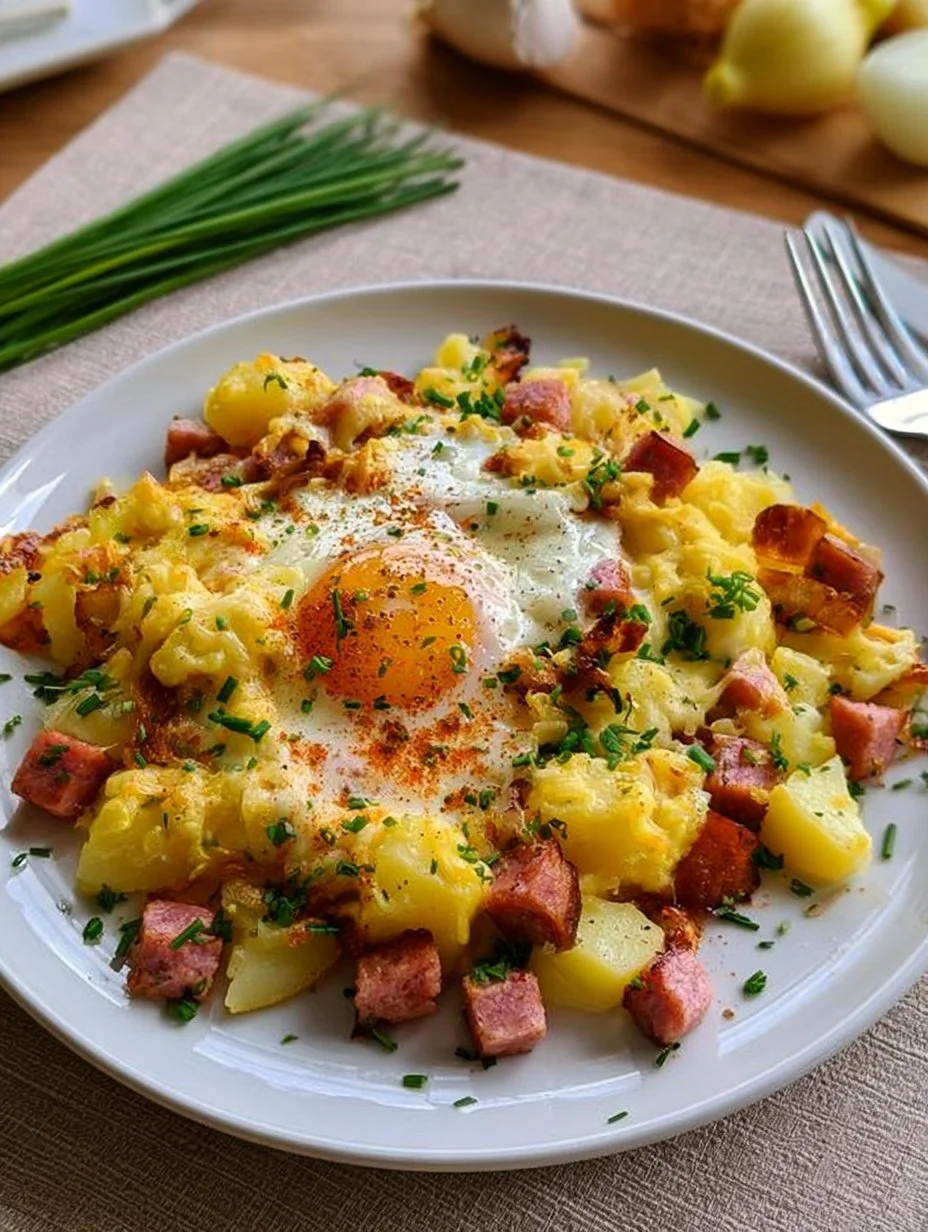 Leberkäse-Erdäpfelauflauf mit Spiegelei