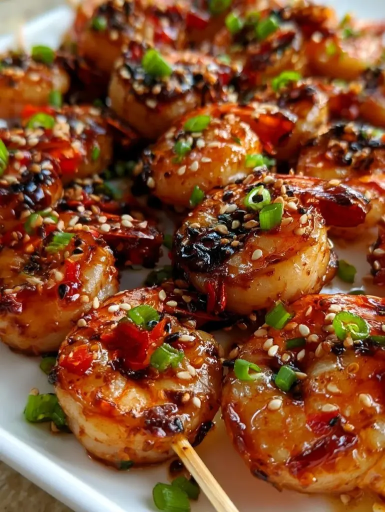 Luftfrittierte Teriyaki Garnelen-Spieße auf einem Teller serviert