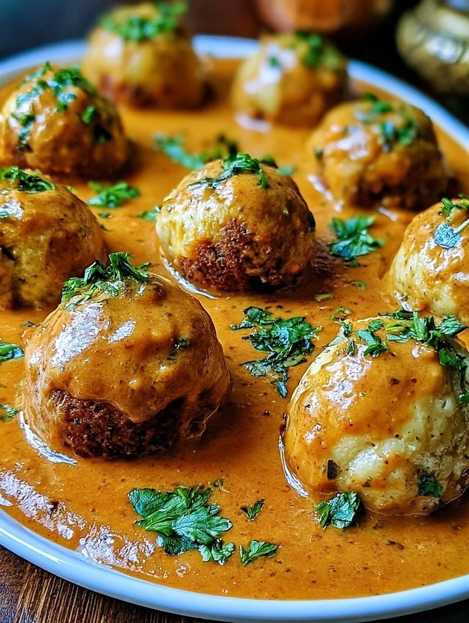 Malai Kofta in einer cremigen Sauce serviert mit Reis und Naan.