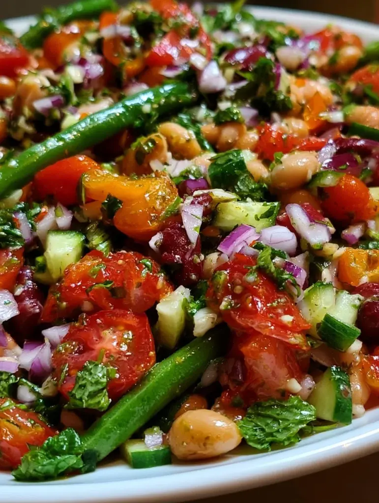 Mediterranean Bean Salad in einer bunten Schüssel mit frischem Gemüse