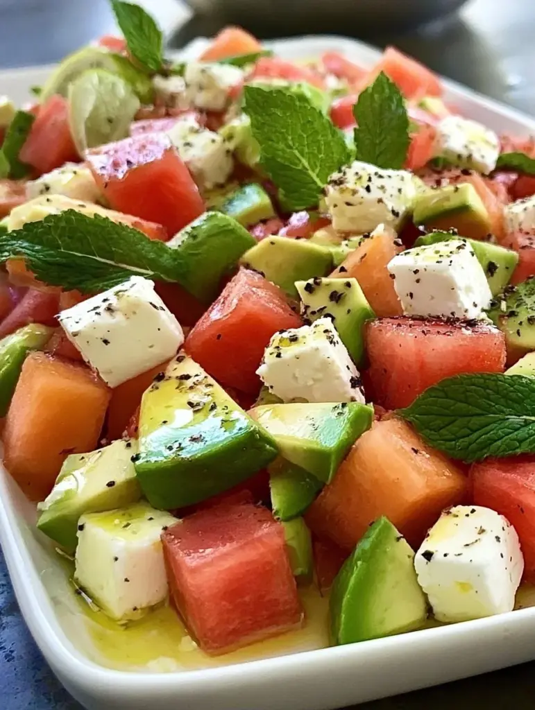 Melonen Feta Salat mit Avocado auf einem Teller angerichtet