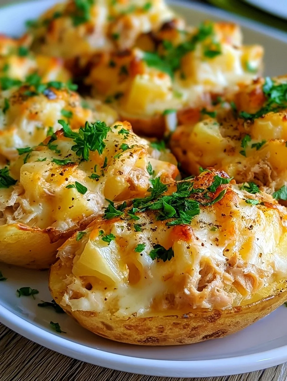 Ofenkartoffeln mit Thunfisch und Käse auf einem Teller serviert.