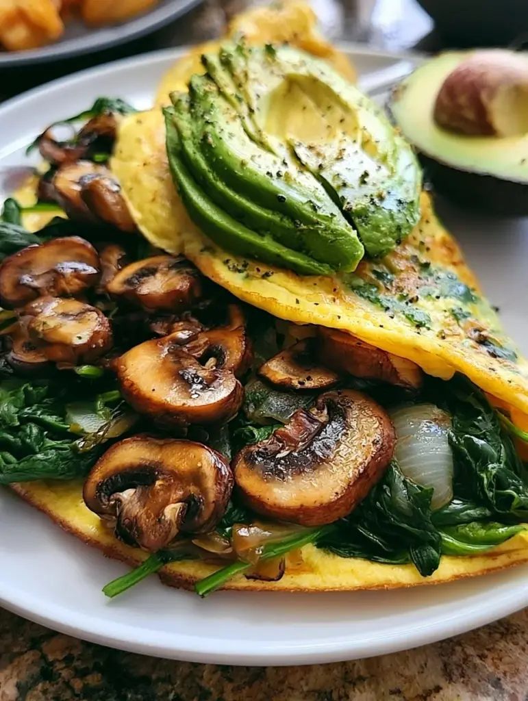 Omelett mit Pilzen, Spinat und Avocado auf einem Teller angerichtet