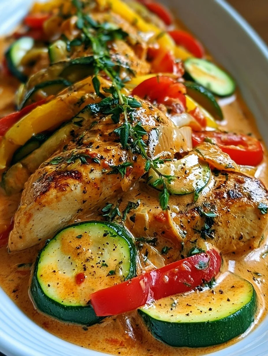 Paprika-Zucchini-Sahne-Hähnchen auf einem Teller serviert.