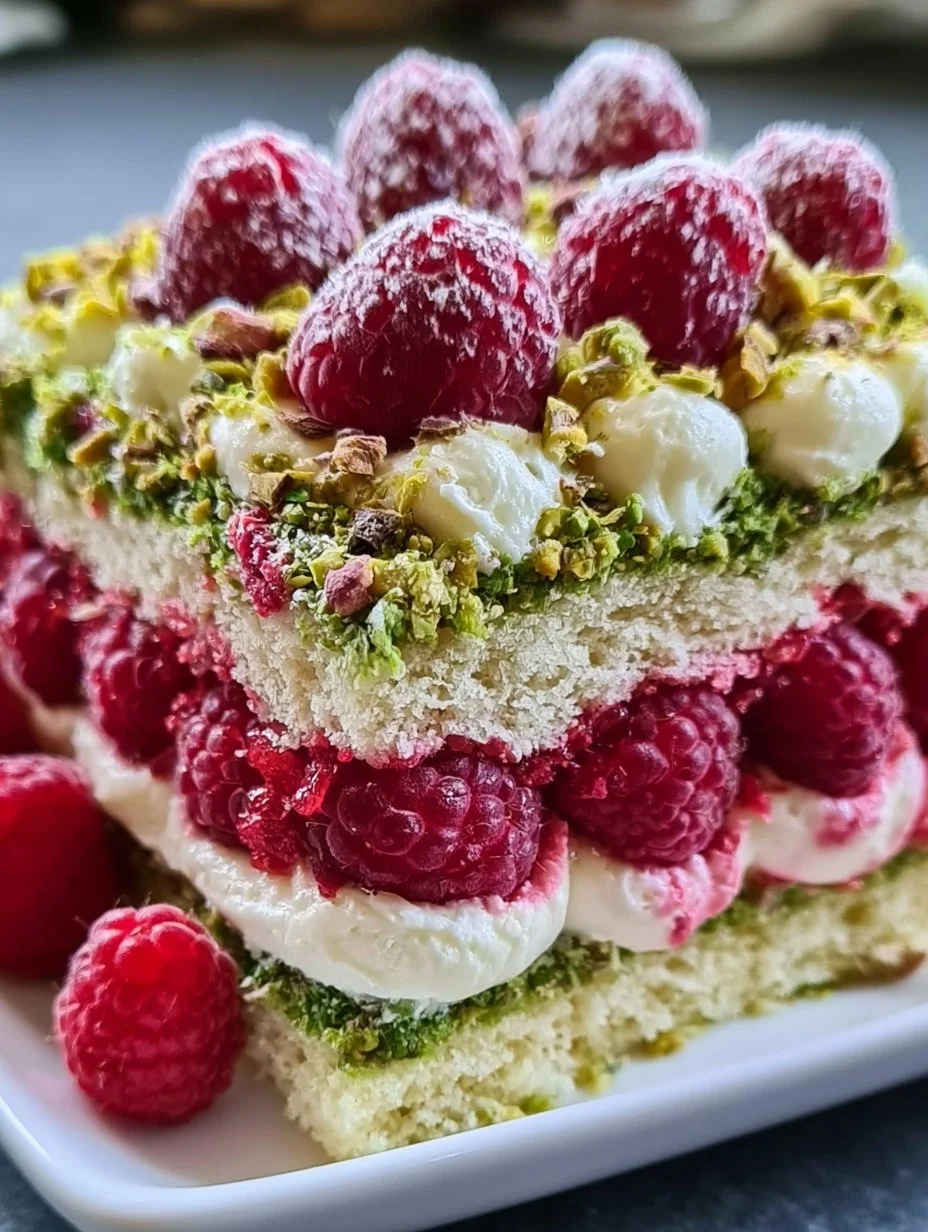 Pistazien-Himbeer-Kuchen mit Mascarponecreme, appetitlich angerichtet und dekoriert