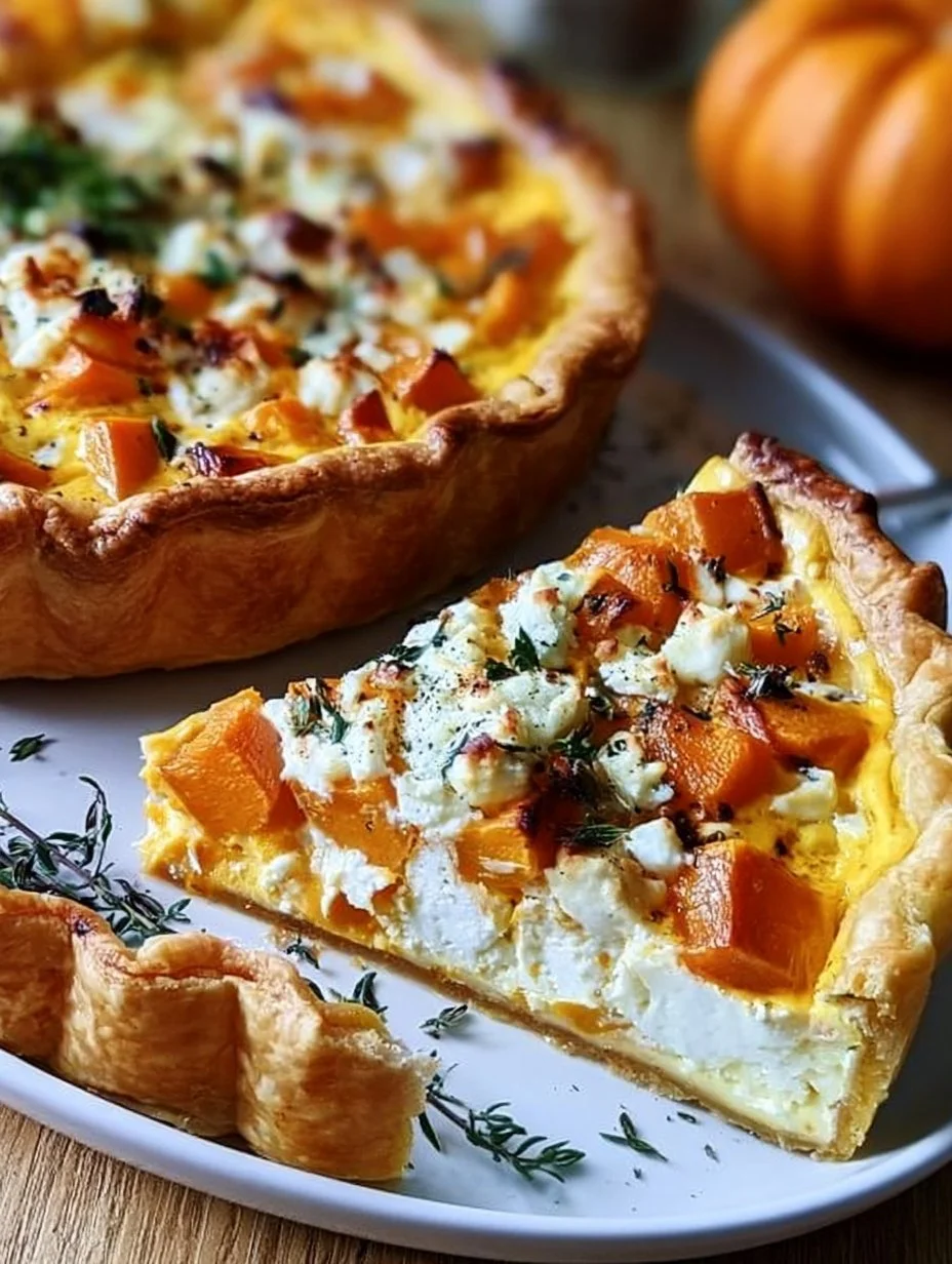 Saftige Kürbis-Quiche mit Feta, frisch gebacken und verführerisch angerichtet.