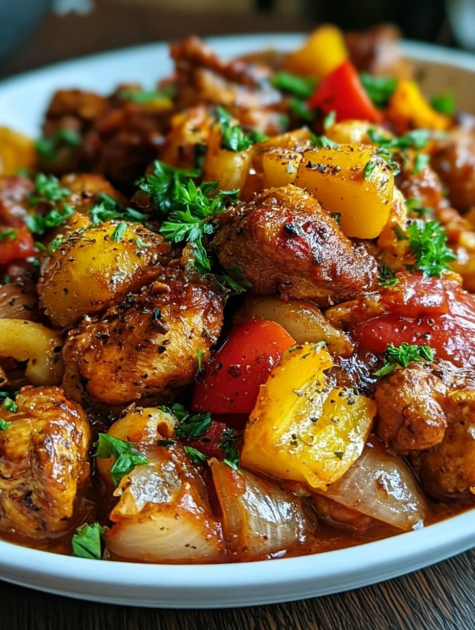 Schaschlik-Topf aus dem Ofen mit saftigem Fleisch und buntem Gemüse