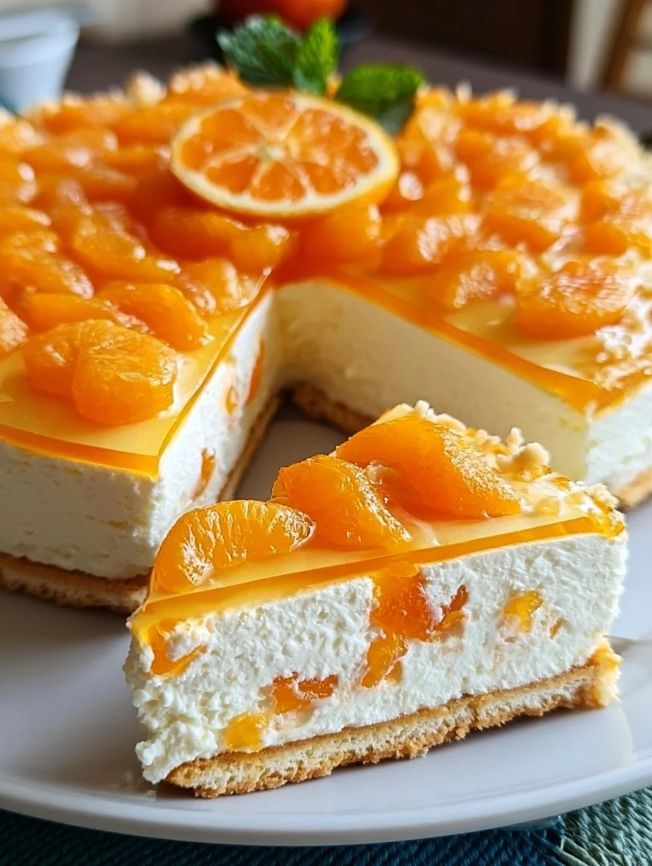 Schmandkuchen mit Mandarinen auf einem Teller angerichtet