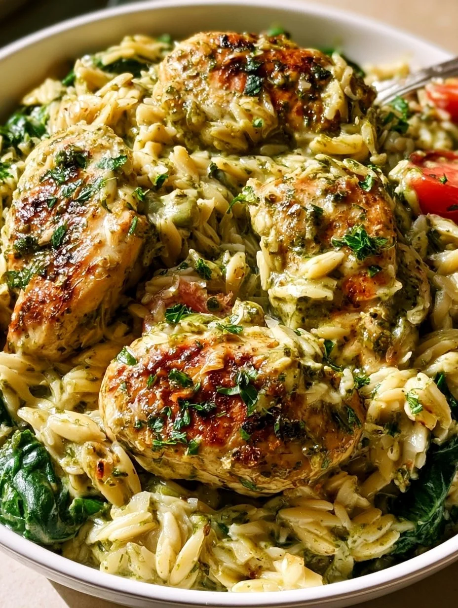 Schnelle cremige Pesto Hähnchen Orzo Pfanne – Familienhit!