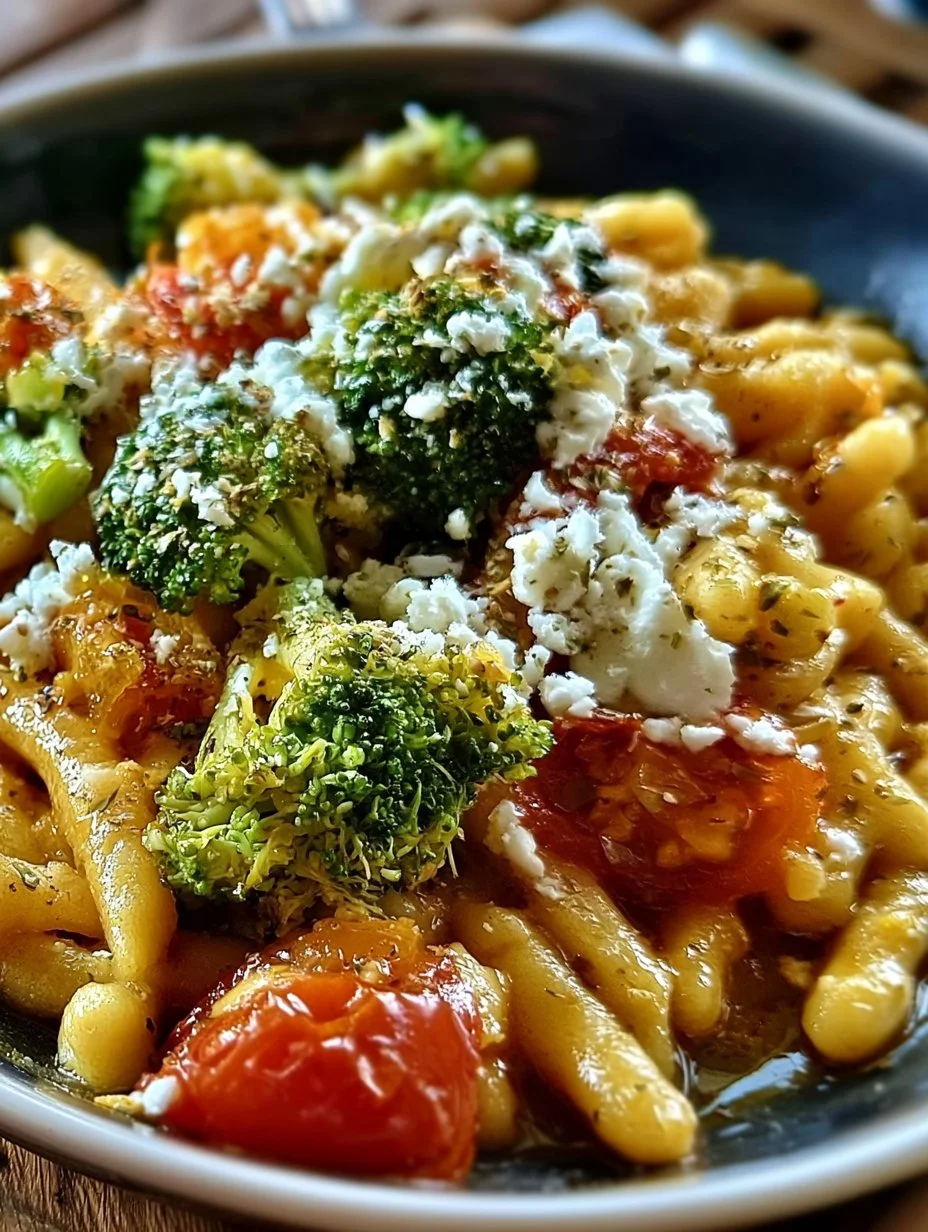 Schupfnudelpfanne mit Brokkoli, Feta und Tomaten auf einem Teller angerichtet