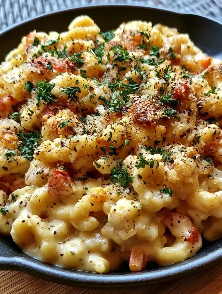 Verführerische Spätzle-Pfanne mit buntem Gemüse und herzhaften Zutaten.